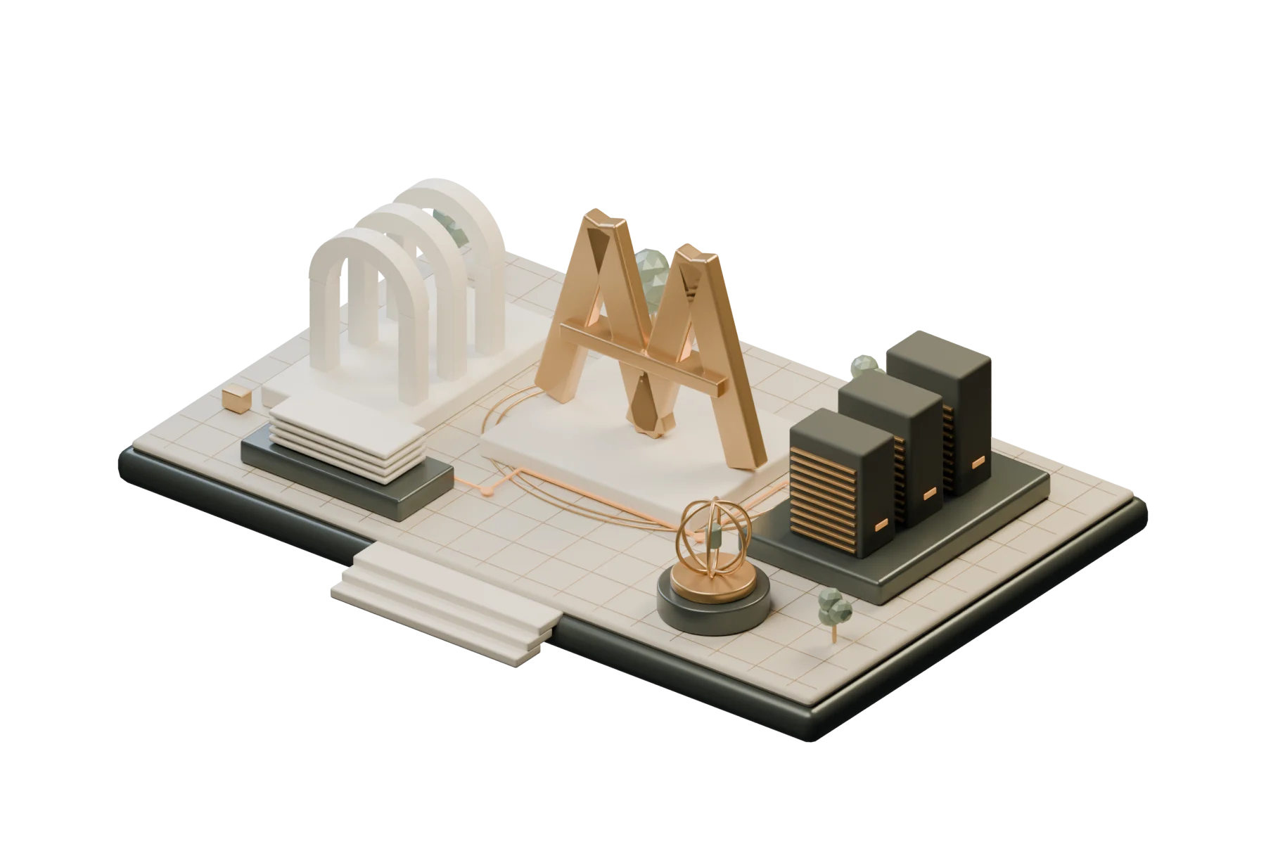 An original architectural model: a bronze AA sculpture between limestone arches, inference towers, and a library.